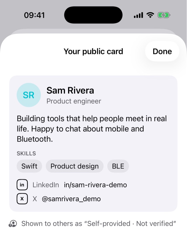 Cimilar's “Your public card” screen: Sam Rivera, Product engineer, a short bio, skills and LinkedIn and X links, marked as self-provided and not verified.
