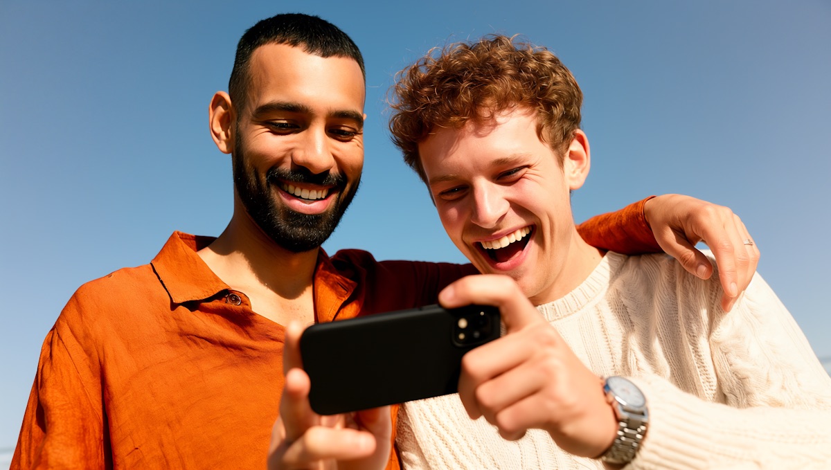 Two friends laughing together over one phone outdoors on a sunny day.