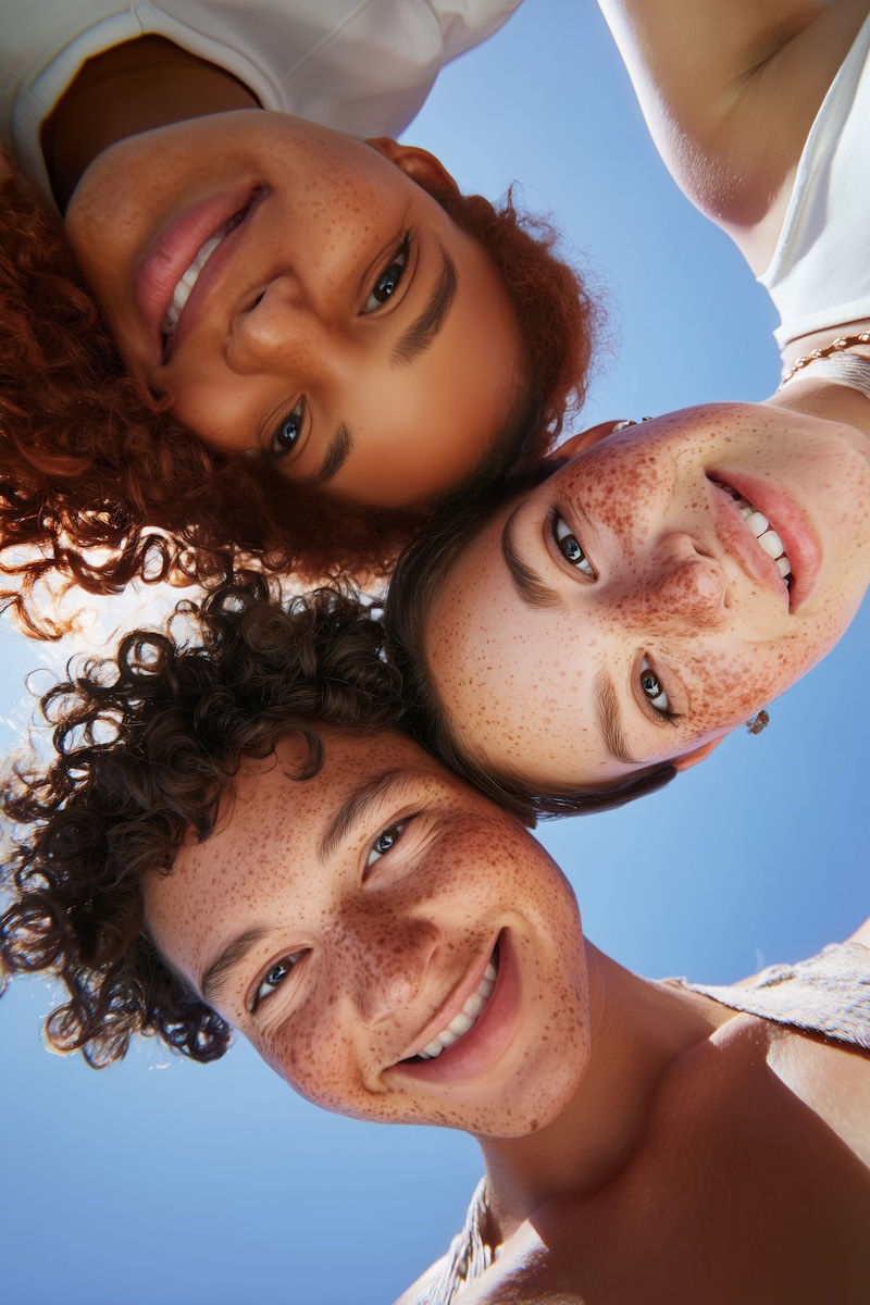 Three friends leaning in together, smiling down at the camera against a blue sky.
